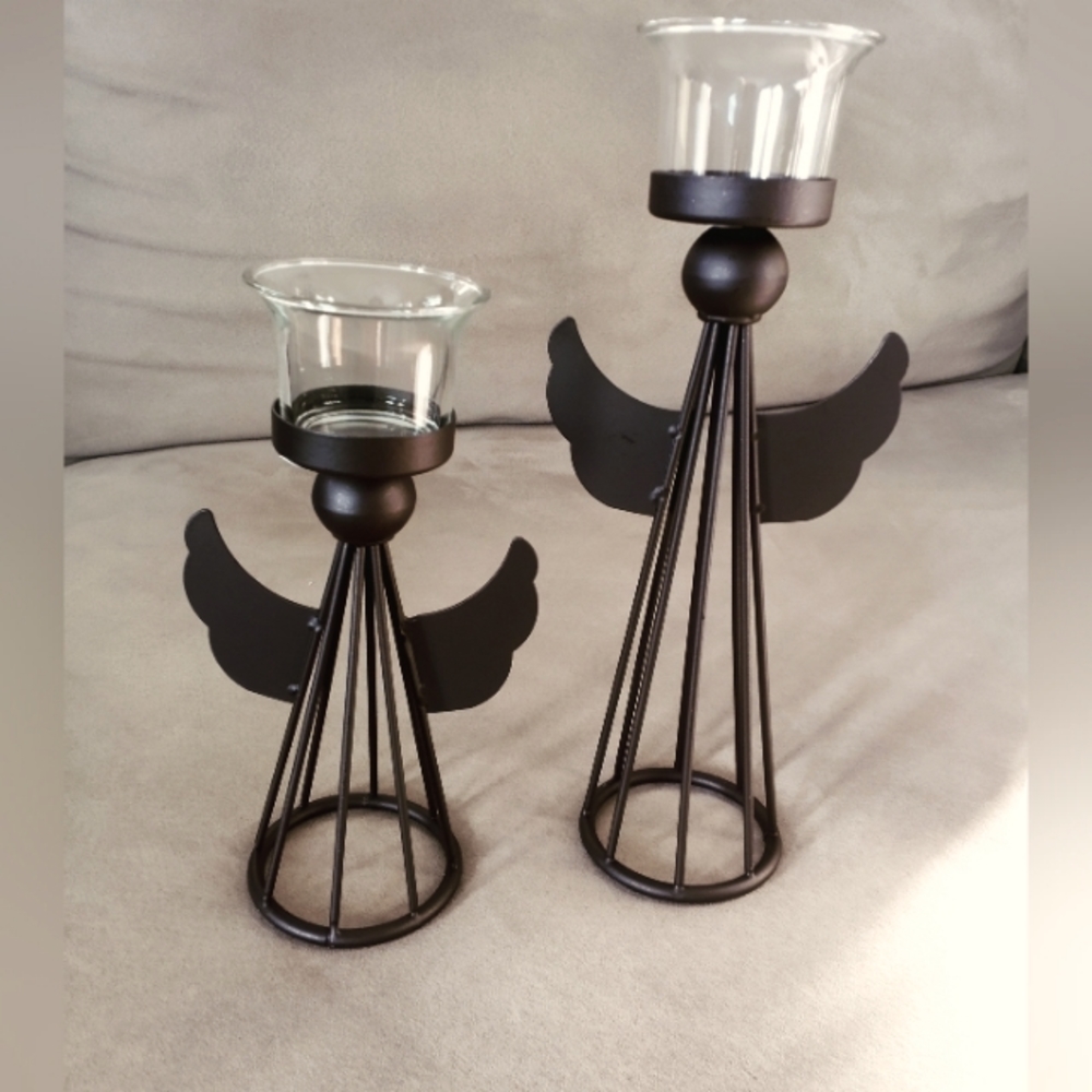 San Miguel Holiday 2 Graduated Iron Angels W/Glass  Tea light Holders